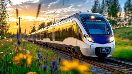 Fototapeta premium High-speed train traveling through countryside