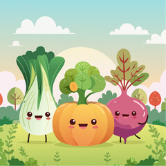 Cute Vegetables with Faces Illustration