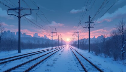 Winter landscape with snowy railway tracks under twilight sky. Power lines, train tracks lead into sunset. Cold, calm, peaceful, serene nature, peacefulness concept, travel.