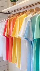 Colorful Clothing Rack Display: Vibrant Rainbow Hues of Apparel Hanging in a Retail Store Setting