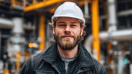 Engineer in White Hard Hat Posing for Portrait in Industrial Setting