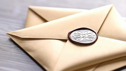 Wooden stamp and sealing wax on vintage envelopes arranged on a textured wood surface in soft diffused light, inviting a sense of formality.