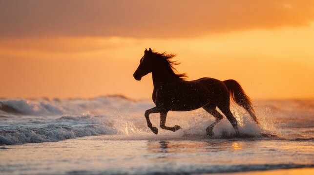 A stunning view of a horse running freely along the coastline as the sun sets. The silhouette contrasts beautifully against the vibrant colors of the sky and ocean waves