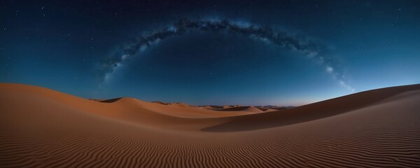 Stunning desert landscape night sky. Panoramic view of sand dunes under starry cosmos. Milky Way galaxy visible. Tranquil desert scenery, adventure travel, exploration, dreamlike, peace, harmony,