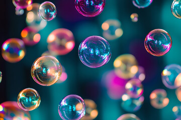 Transparent soap bubbles close up flying. Circle ball background