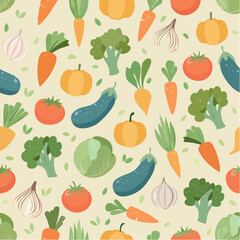 Seamless Illustrated Vegetables. Seamless Pattern on Pastel Background.
