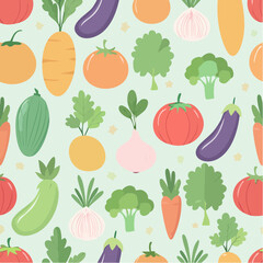 Seamless Illustrated Vegetables. Seamless Pattern on Pastel Background.