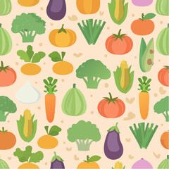 Seamless Illustrated Vegetables. Seamless Pattern on Pastel Background.