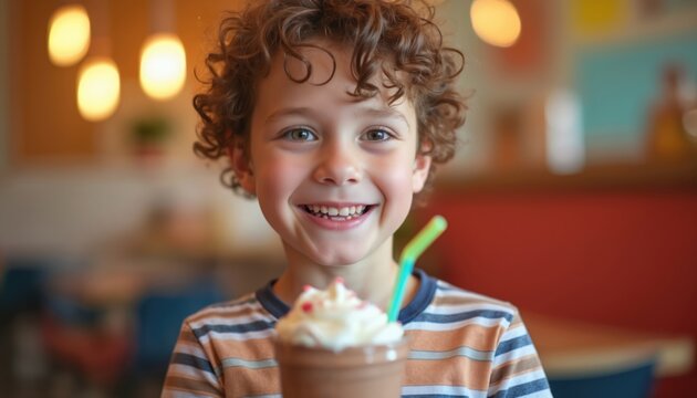 Smiling boy holds chocolate milkshake with whipped cream, drinking with straw. Cute child portrait in cafe. Healthy tasty drink, sweet dessert for children. Child enjoys summer refreshment.