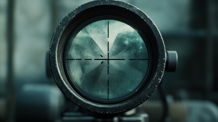 Close-up of a sniper scope aiming at a target with a crosshair reticle