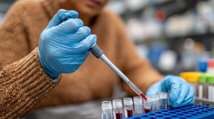 A laboratory technician carefully uses a pipette to transfer liquid samples into test tubes, demonstrating precision and professionalism in a scientific environment.