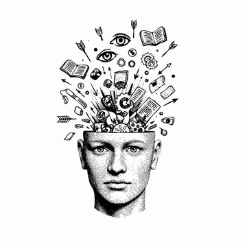 Surrealistic black and white vector illustration of a human head exploding into symbolic fragments such as eyes, arrows, gears and manuscripts. Dotted style with collage aesthetics.