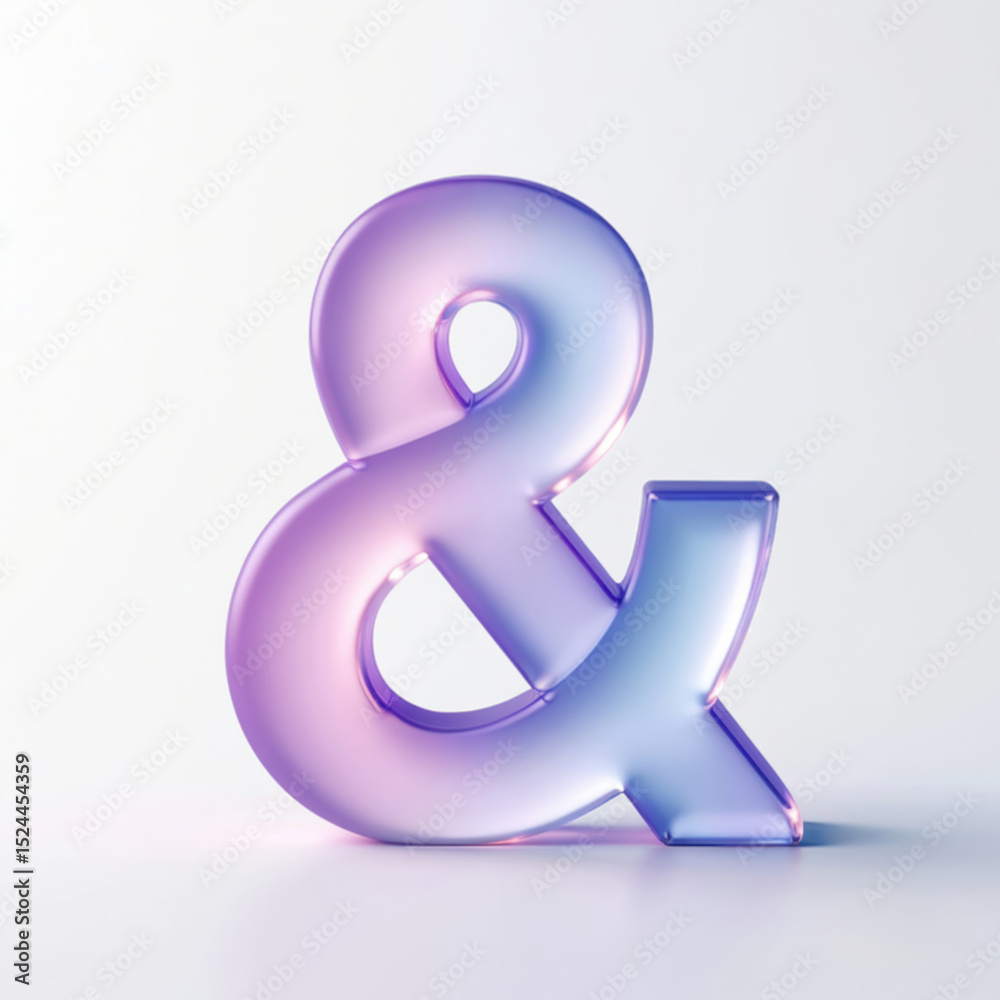 Poster 3D rendering of ampersand symbol with colorful gradient effect. Glossy glass surface with light reflection. Shiny design element for graphic design, ui ux, presentation background. Transparent 3d