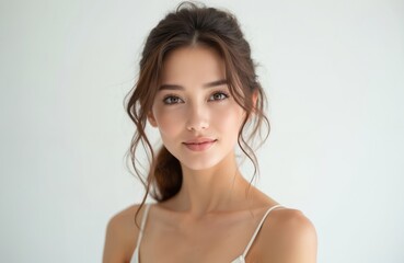 Portrait of young beautiful woman with perfect smooth skin. Elegant hairstyle, healthy skin. Attractive female with natural lips looks directly at camera. Beauty, cosmetology, spa, skincare concept.