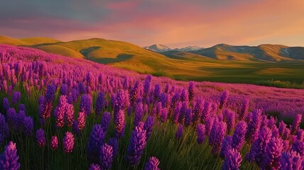 Fototapeta premium Lavender dreams: A serene landscape with blooming lavender fields and mountain backdrop