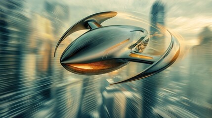 Obraz premium Futuristic vehicle soaring above urban landscape with motion blur effect
