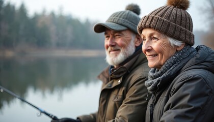 Obraz premium Happy senior couple fishing by lake, enjoy peaceful, relaxing atmosphere. Elderly man, woman retirement leisure activity, active senior lifestyle, outdoor fun, enjoy hobby, smiling faces.
