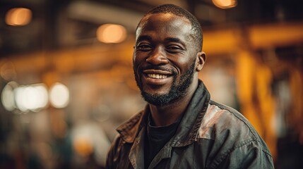 Fototapeta premium Confident Black Male Engineer Smiling in Industrial Setting