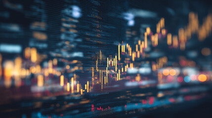 Obraz premium Stock market chart showing price fluctuations with blurred city skyline background during nighttime trading hours