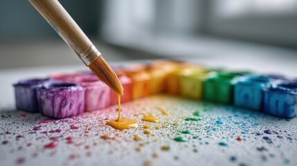 Fototapeta premium A captivating formation of colorful paint containers arranged in a circular rainbow pattern, symbolizing creativity and artistic imagination.
