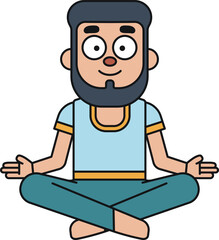 Yoga: Bearded Man Meditating in Lotus Position. Vector Cartoon Character Drawing
