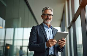 Mature businessman executive stands in office, using digital tablet. Middle-aged corporate manager wears suit and glasses holding tab, working on finance project. Man looks at camera with confidence.
