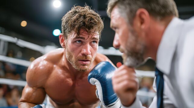 In a critical moment of boxing, a fighter listens intently to his coach's advice, underlining the crucial support system between athlete and trainer during competition.