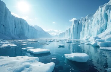 Spectacular landscape of arctic glacier with huge icebergs floating in sea. Climate change concept with melting glaciers, rising water levels. Cold polar region, melting ice and global warming.