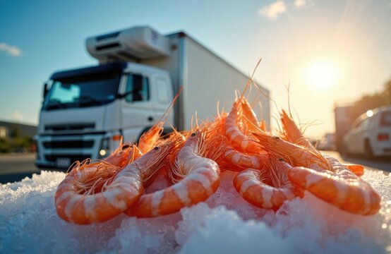 Fresh shrimp on ice against truck with refrigeration unit background. Seafood transportation. Focus on seafood delivery. Food industry, seafood market. Fresh product, delivery service, commercial