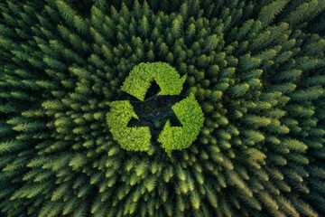 Drone shot of a dense forest with a green recycle symbol perfectly integrated among the trees. Promotes sustainability, environmental awareness, and eco-friendly initiatives.