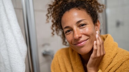 A cheerful woman wrapped in a soft robe smiles at the camera while touching her face, portraying joy and self-care in a bright bathroom environment.