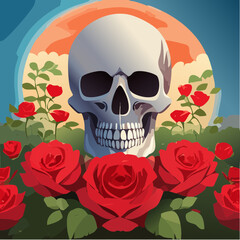 Stylized Skull with Red Roses Illustration
