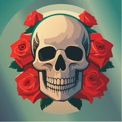 Stylized Skull with Red Roses Illustration
