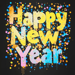Colorful paint confetti splashes, bold graffiti words Happy New Year on a black background, creating a fun, energetic and artistic celebration of the new year. Beautiful greeting card illustration