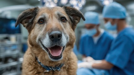 A smiling dog captures attention in a surgical room where veterinary professionals are engaged in preparing for medical treatment, highlighting trust during the procedure.