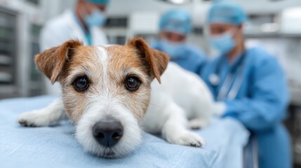 A relaxed dog lies on a medical table while veterinary professionals prepare for examination, showcasing trust and comfort in a vet clinic setting during a routine check-up.