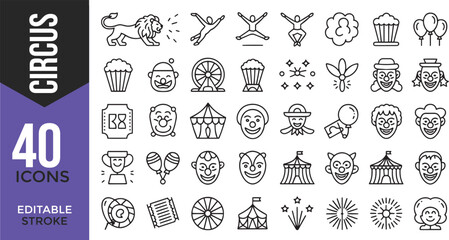 Circus and Amusement Line Icons Set – Editable Stroke Vector Illustration

