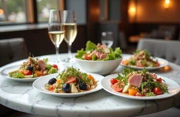 Gourmet dining table with various dishes, salads, wine glasses. Fresh food on plates at restaurant, elegant serving. Concept of fine dining, catering, buffet. Healthy fresh lunch dinner meal.