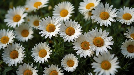 Close-up of many white daisies with yellow centers, densely packed
