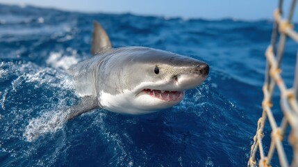 Naklejka premium A striking image of a great white shark gliding effortlessly through clear blue ocean waters, showcasing its powerful physique and keen hunting abilities.