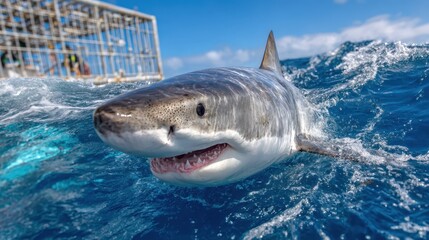 Fototapeta premium An intimate close-up shot of a great white shark, showcasing its distinct features and portraying the elegance and beauty of this formidable ocean creature.