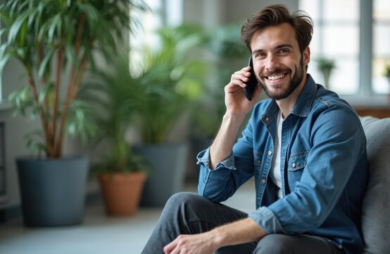 Smiling man makes phone call at office, sits indoors. Happy businessman talks using mobile phone. Pleasant conversation, positive emotions. Handsome guy calls, modern tech, remote work.