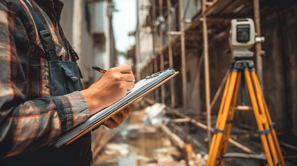 Civil Engineer Inspecting Construction Site Using Measuring Tools