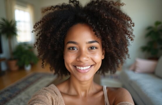 Smiling african american woman taking selfie at home. Happy young adult female with afro hair, freckles takes photo with smartphone. Authentic lifestyle blog content.