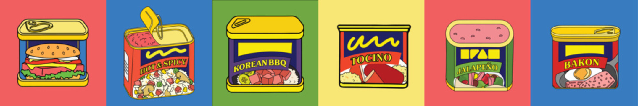 Canned luncheon meat(Canned ham). Vector illustration. Hand drawn poster style different flavours spam food