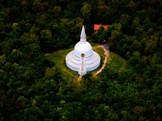 Peaceful stupa surrounded by lush forest in an early morning light setting