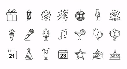 Party and entertainment outline icons – 21 festive vector symbols