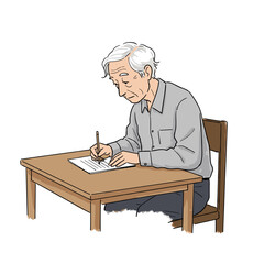 Thoughtful elderly man writing notes with concentration at a wooden table