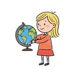 Fototapeta premium Curious schoolgirl exploring the globe with excitement in the classroom