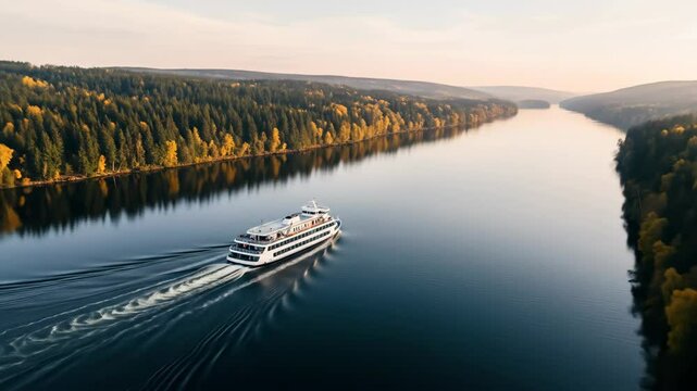 Two ferries glide through a tranquil river, flanked by vibrant green trees and golden autumn leaves, creating a picturesque scene that highlights the connection between nature and transportation